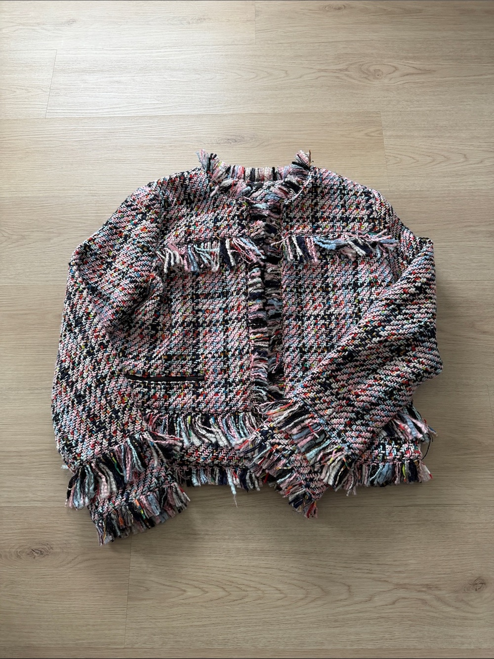 Halogen Multicolor Tweed Fringe Cropped Blazer